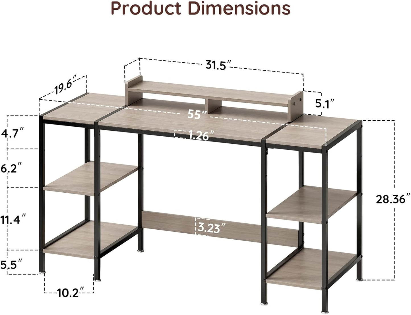 Computer Gaming Desk with Monitor Stand, Home Office Desk Suitable for 2 Monitors, Writing Desk with Adjustable Storage Space,Sturdy and Durable Modern Small Desk (Grey, 55 inchs)