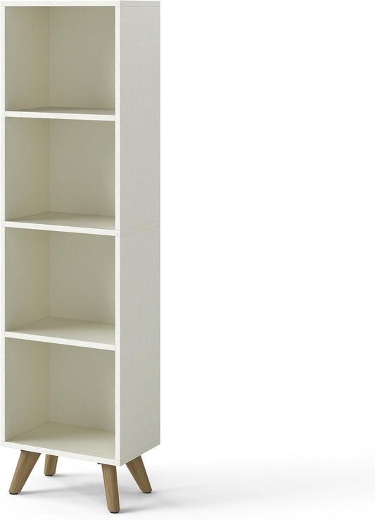 Manora Small Bookcase with 4 Open Shelves, Modern White Bookshelf with Wooden Legs, Narrow Storage Organizer for Living Room, Bedroom, Office