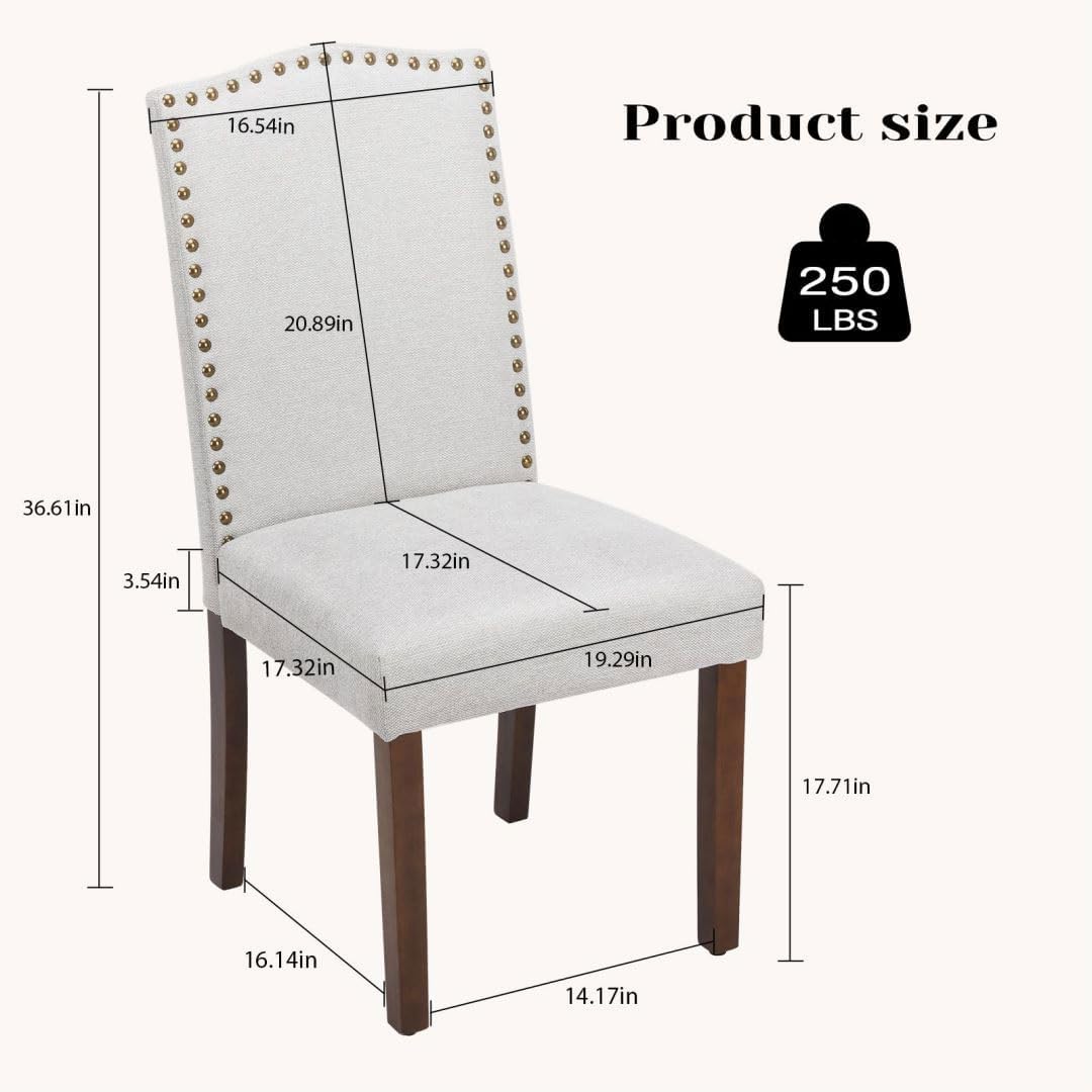 Kitchen Chairs Set of 2 Modern Upholstered Fabric Seat with Nailhead Trim and Ergonomic Lumbar Support for Living Room and Rustic Farmhouse Dining Area, Grey