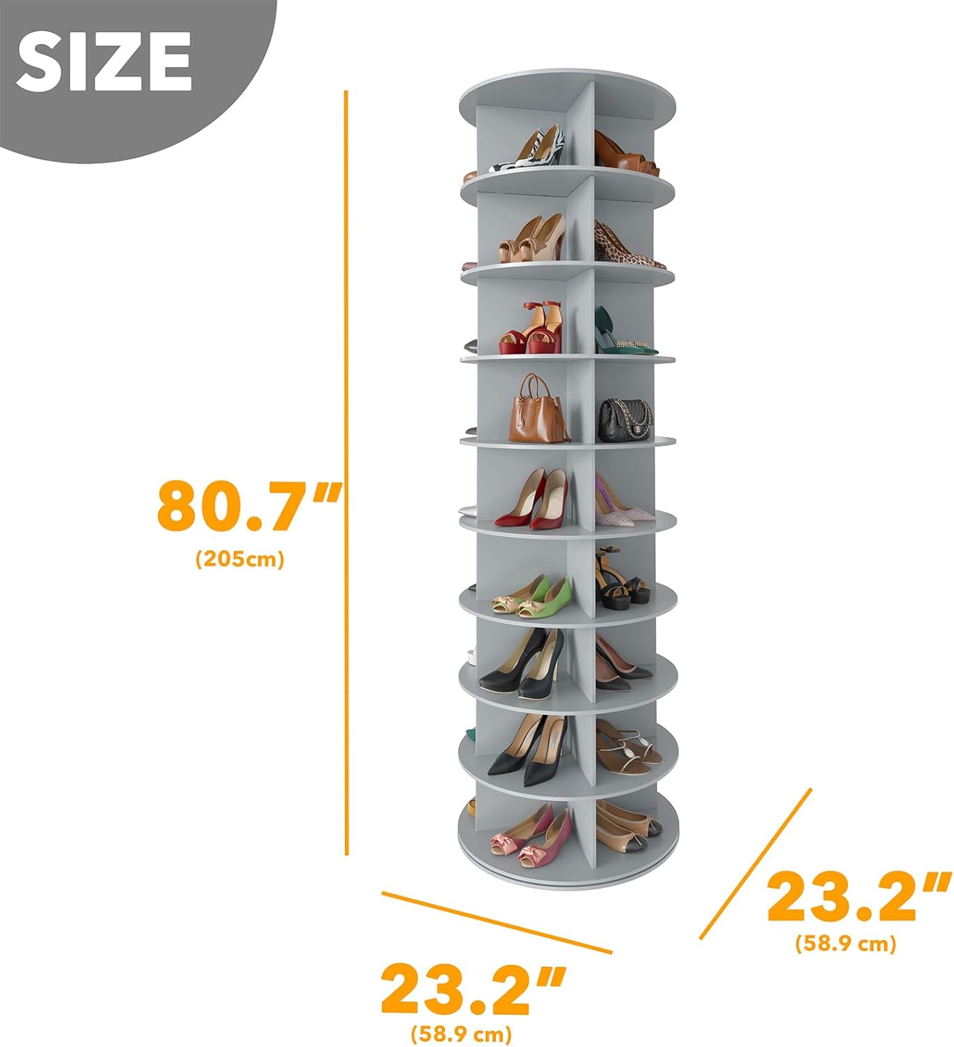 SpaceAid 9 Tier Rotating Shoe Rack Tower, Spinning Shoe Display Lazy Susan, Revolving 360 Shoe Rack Storage Round Carousel, Vertical Handbag Rotate Shoes Closet Organization (9-Tier Gray)