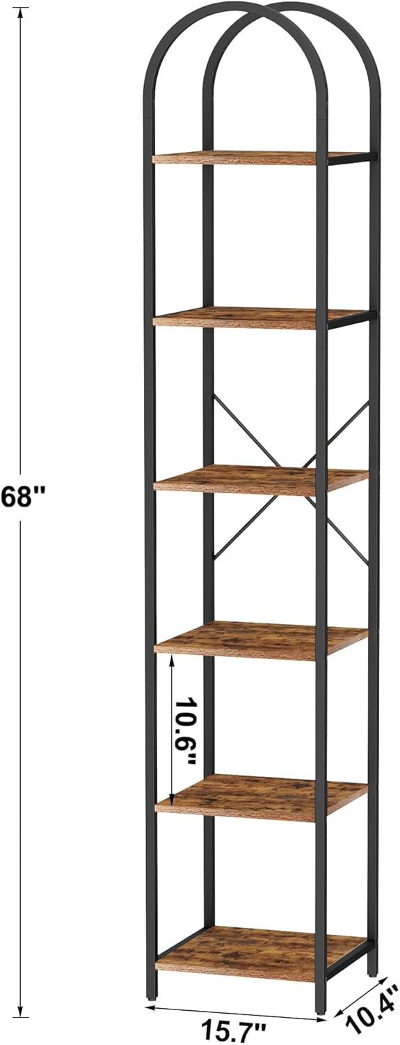 Homhedy 6-Tier Narrow Bookshelf Arched Display Racks, Wood and Metal Bookcase, Tall Bookshelf, Industrial Display Standing Shelf Unit, for Home Office, Living Room, Bedroom, Bathroom