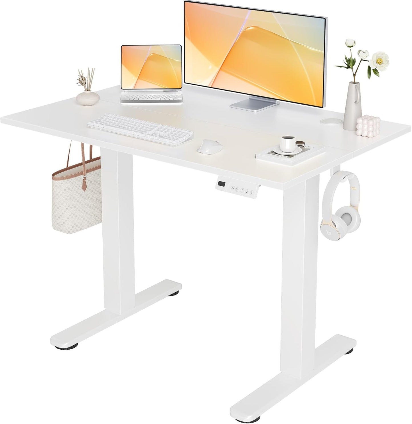Seang Electric Standing Desk Adjustable Height, 40 x 24 Inch Sit Stand Desk with T-Shaped Frame, 3 Memory Presets & Cable Management for Home Office Computer Workstation, White Frame/White Top