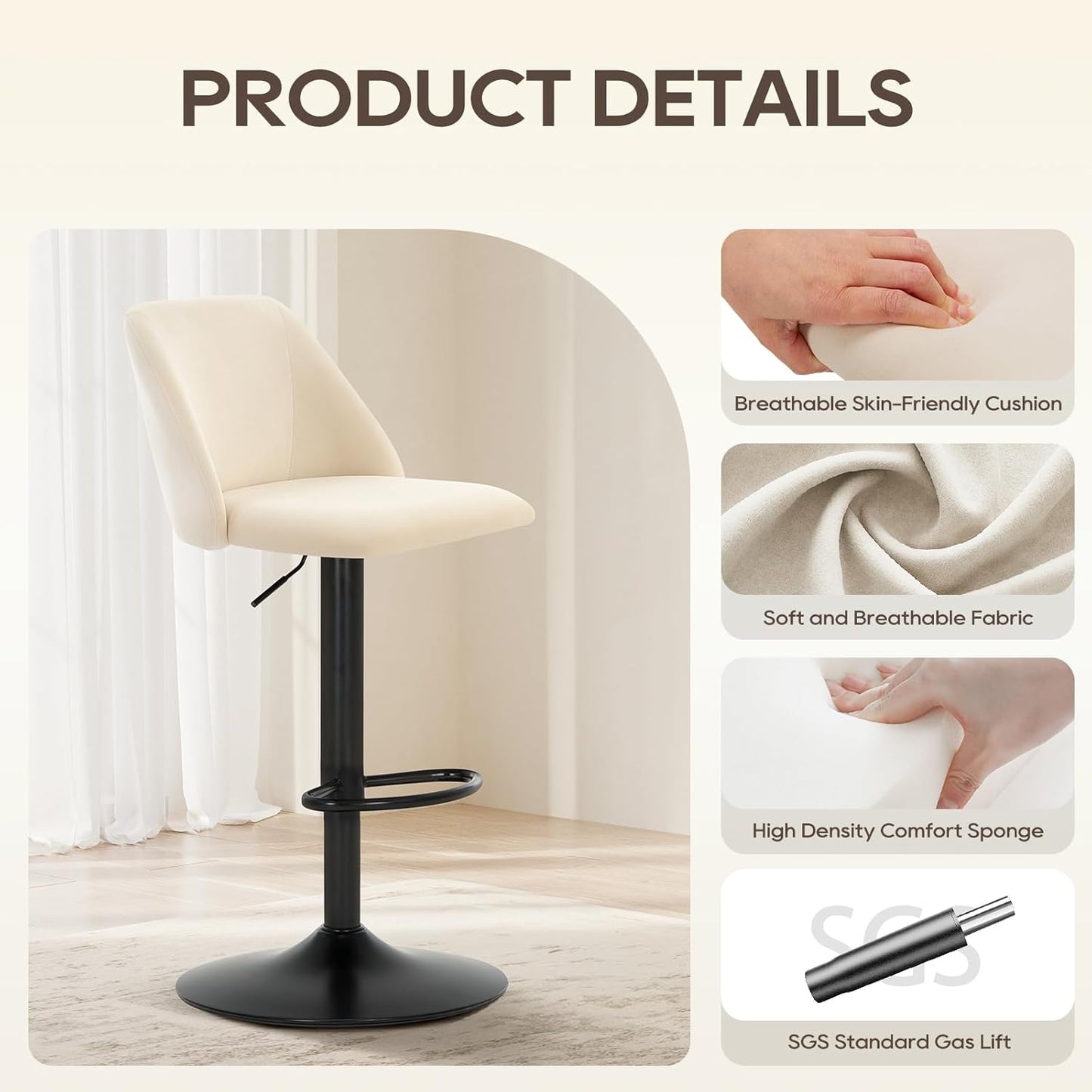 COLAMY Bar Stools Set of 4, Modern Swivel Bar Chairs, Adjustable Upholstered Barstools Counter Height with Full Backrest for Bar, Dining Room, Kitchen Island, Beige