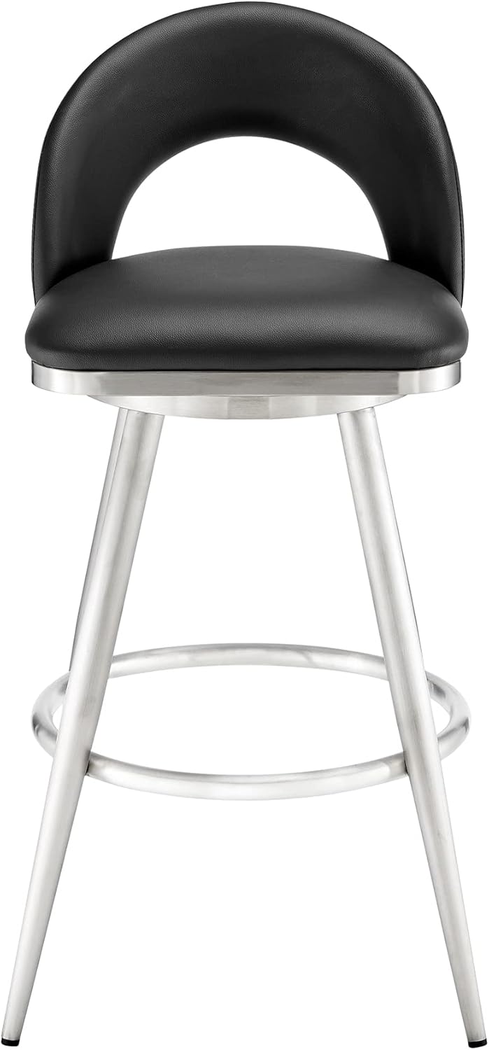 Armen Living Charlotte Swivel Bar Stool in Brushed Stainless Steel with Black Faux Leather