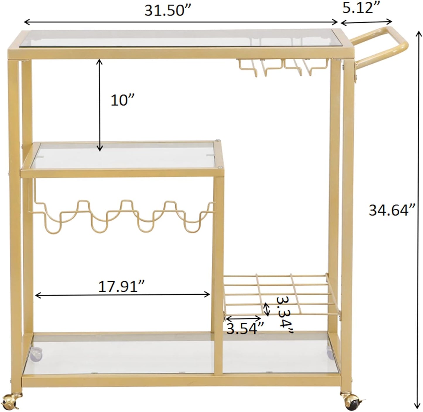 Rolling Bar Carts Gold with Wheels,Home Bar Serving Cart with Glass Wine Holders 3 Tier for Kitchen Home, Party,Dining Room