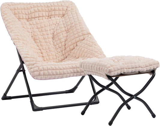 HollyHOME X-Large Saucer Chair with Foldable Ottoman, Comfy Oversized Folding Chair and Folding Footrest Stool Set, Faux-Fur Reading Chair and Footstool for Living Room, Champagne Pink Chair&Stool