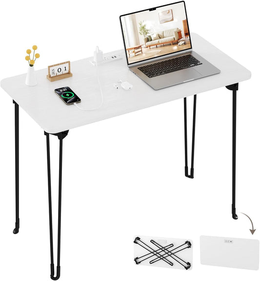 Folding Desk, 31.5" Hairpin Legs Small Desk with Power Strip for Bedroom, Space Saving Foldable Computer Desk for Home Office, No Assembly Need,White