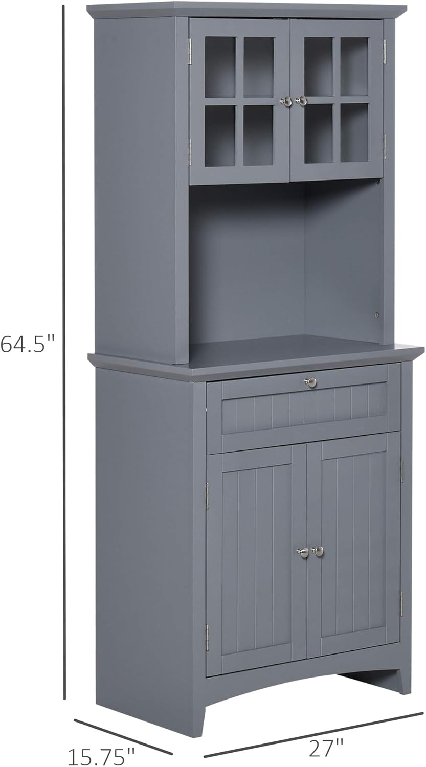 HOMCOM Elegant Buffet with Hutch, Kitchen Pantry Storage Cabinet with Framed Glass Door Drawer and Microwave Space, Grey