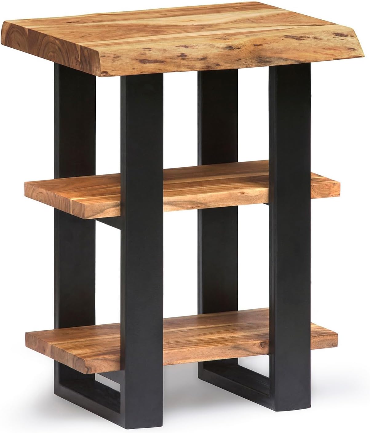 Alaterre Furniture Alpine Natural Live Edge Acacia Wood End Table with Metal Accents, 3-Tier Shelf Design, Includes Nylon Floor Protectors, Unique Industrial Rustic Style, Clear Natural Finish