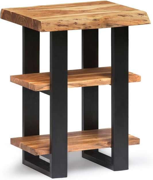 Alaterre Furniture Alpine Natural Live Edge Acacia Wood End Table with Metal Accents, 3-Tier Shelf Design, Includes Nylon Floor Protectors, Unique Industrial Rustic Style, Clear Natural Finish