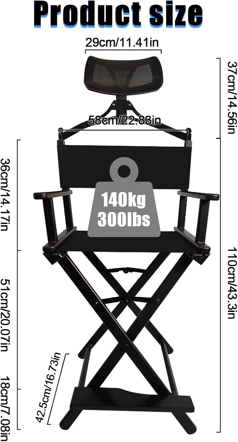 Lorvain Folable Makeup Artist Stool, Portable Tall Folding Director's Chair, Aluminum Makeup Chair with Head Rest for Studio Salon Vanity, Bar Height - Black