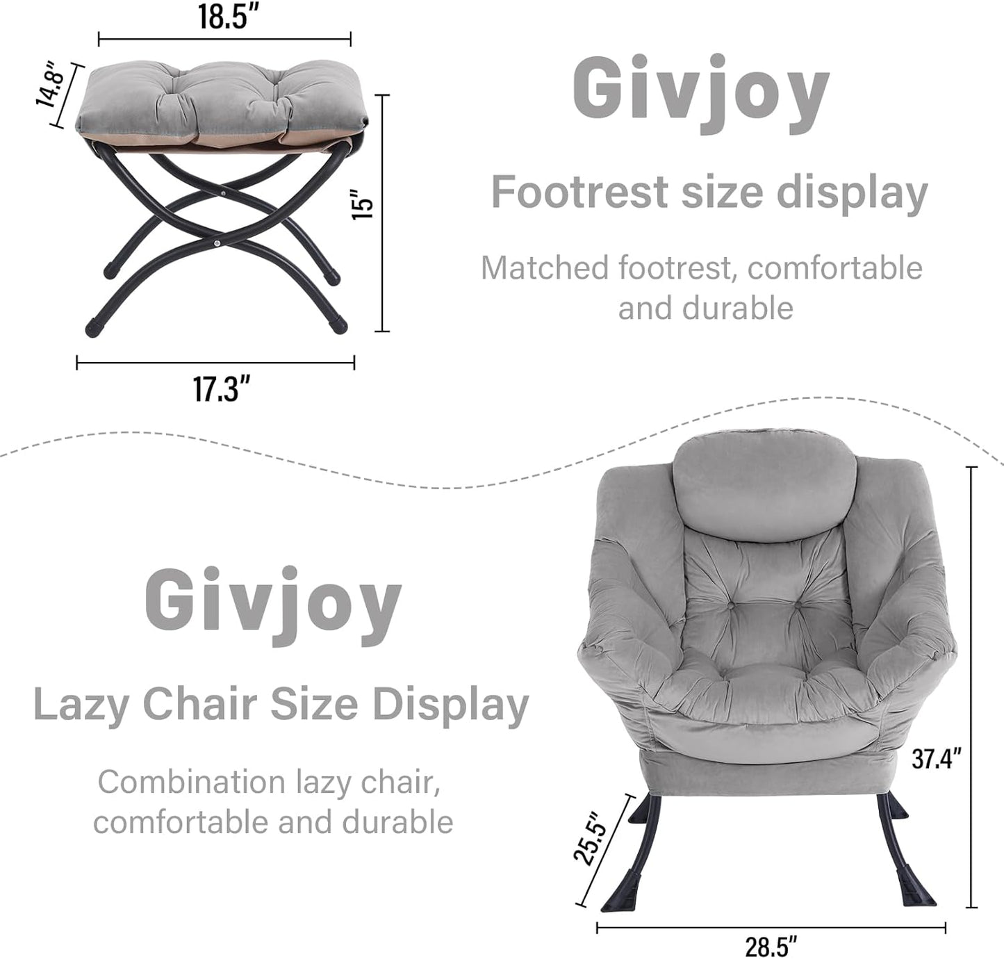 Cozy Lazy Chair and Ottoman, Large Contemporary Accent Lounge Chair Set, Leisure Upholstered Reading Armchair for Bedroom, Living Room, Dorm Rooms, Office