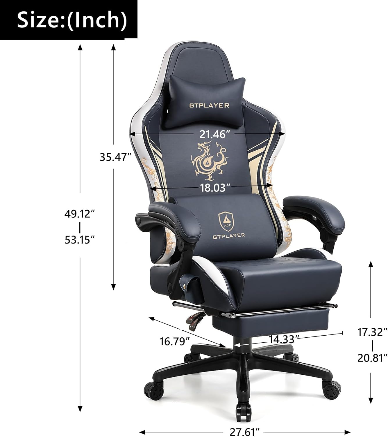 GTPLAYER Gaming Chair with Bluetooth Speakers and Footrest, Dragon Series Video Game Chair, Heavy Duty, Ergonomic, Esports Computer Office Chair,(BLUEGRAY)