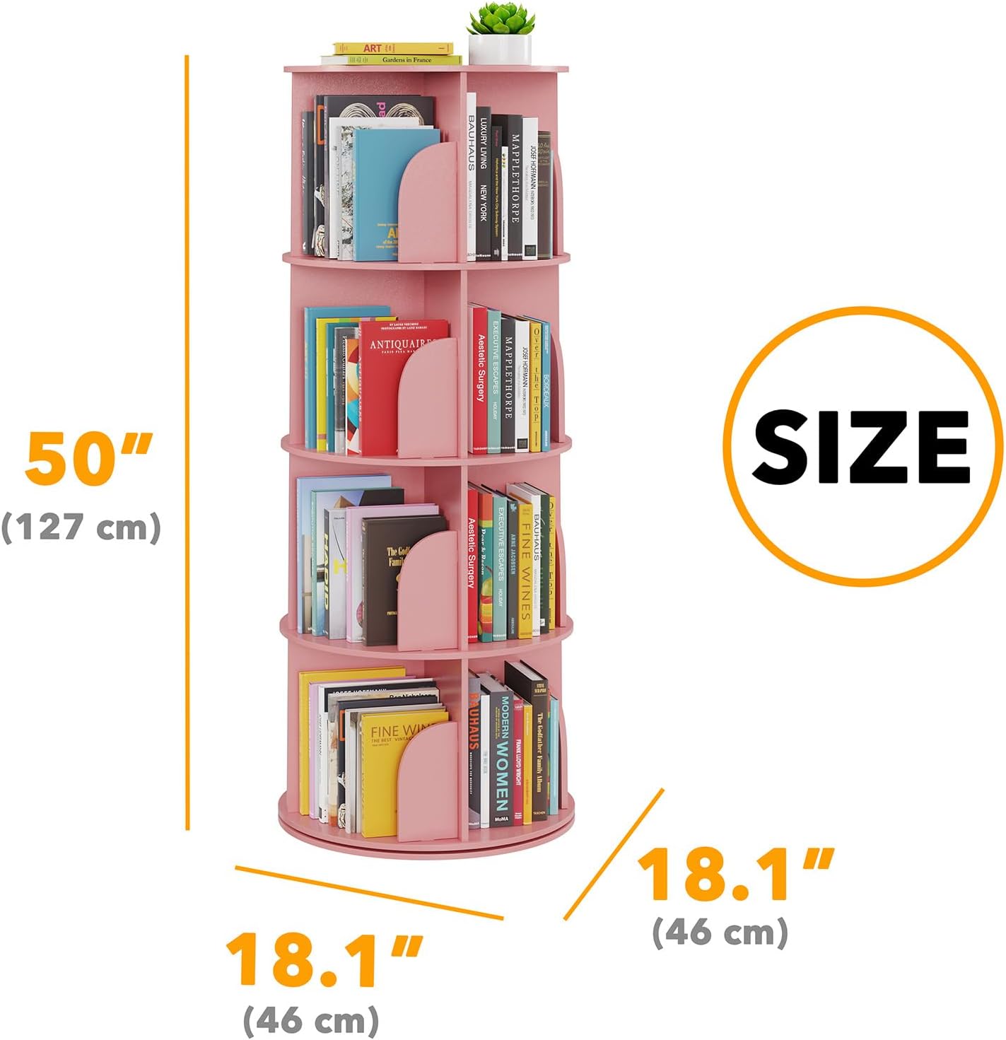 SpaceAid 4 Tier Rotating Bookshelf Tower, Spinning Bookcase Lazy Susan, Revolving 360 Book Shelf Storage Round Carousel, Vertical Rotate Turning Spiral Corner Organizer, Pink