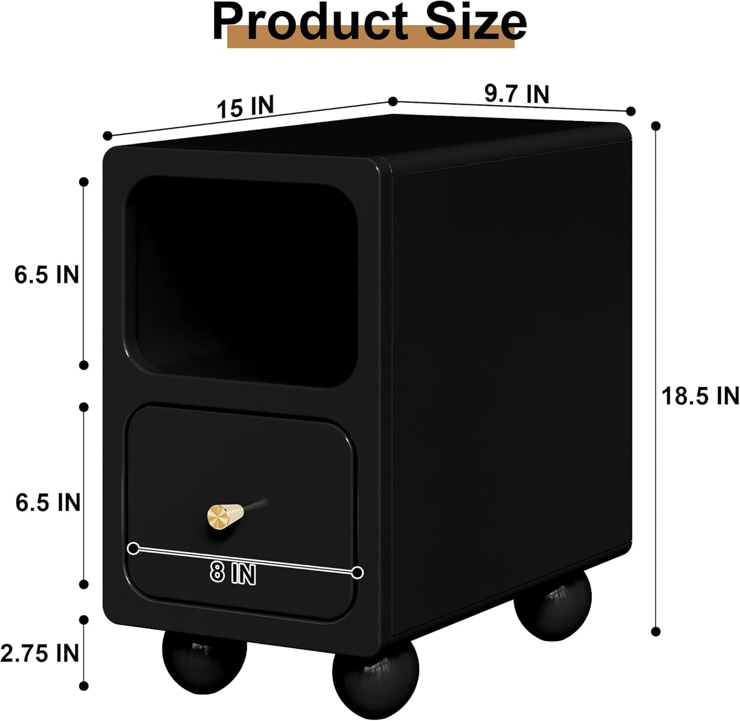 Solid Wood Nightstand, Narrow Night Stand with Drawers, Black Mid Century Modern Nightstand, Small Beside Table with Open Storage Shelf for Bedroom (10 inch)