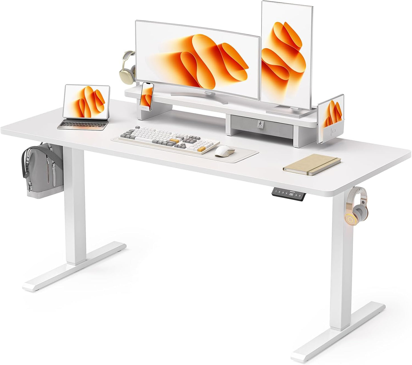 63x24 Inches Electric Standing Desk with Drawer and Monitor Stand, Height Adjustable Sit to Stand up Desk for Home Office, Ergonomic Computer Table with Phone Holder, 3 Hooks, White