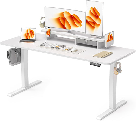 63x24 Inches Electric Standing Desk with Drawer and Monitor Stand, Height Adjustable Sit to Stand up Desk for Home Office, Ergonomic Computer Table with Phone Holder, 3 Hooks, White