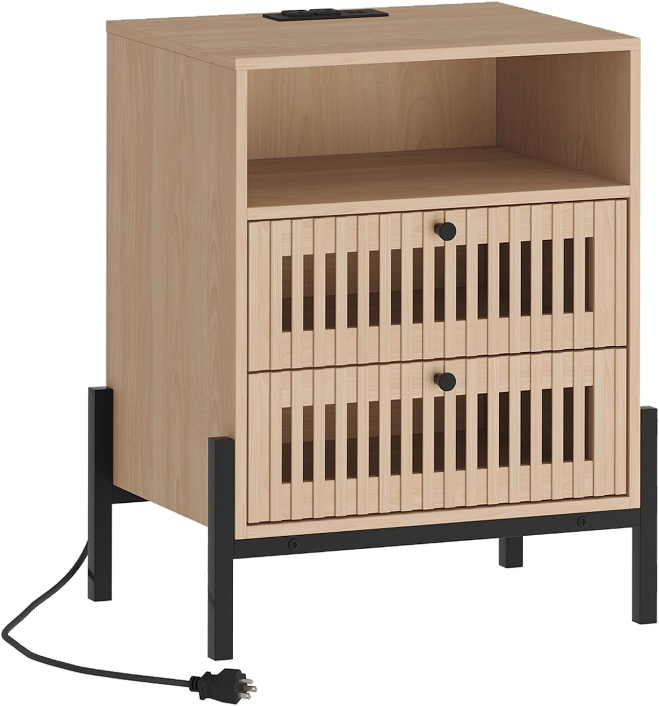 Vabches Nightstand with Charging Station and USB Ports,Industrial Style Fluted End Table, Bedside Table with 2 Drawers and Open Shelf, Sofa Side Table for Bedroom, Living Room, Set of 1