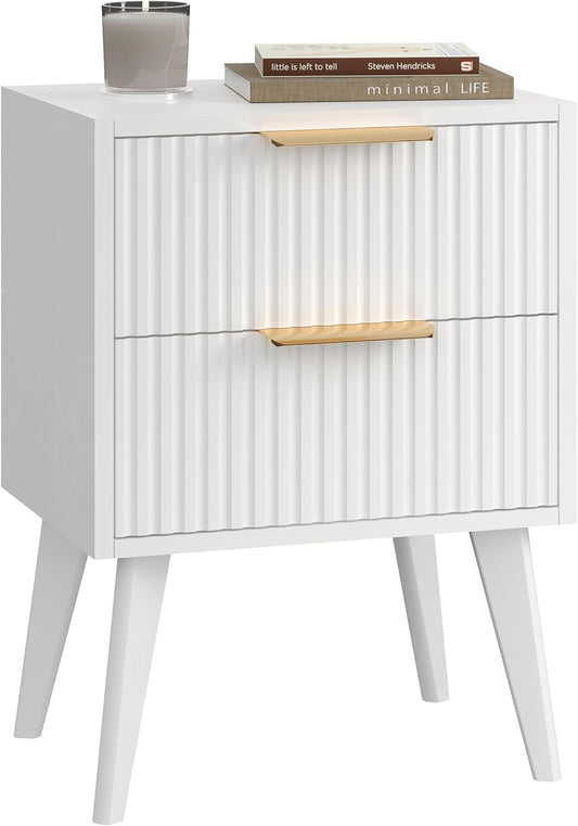 Fluted Nightstand with 2 Drawers,Modern Bedside Table with Metal Handles,White Side Table with Solid Wood Legs,Mid Century End Table for Living Room,Bedroom,White CTG55W