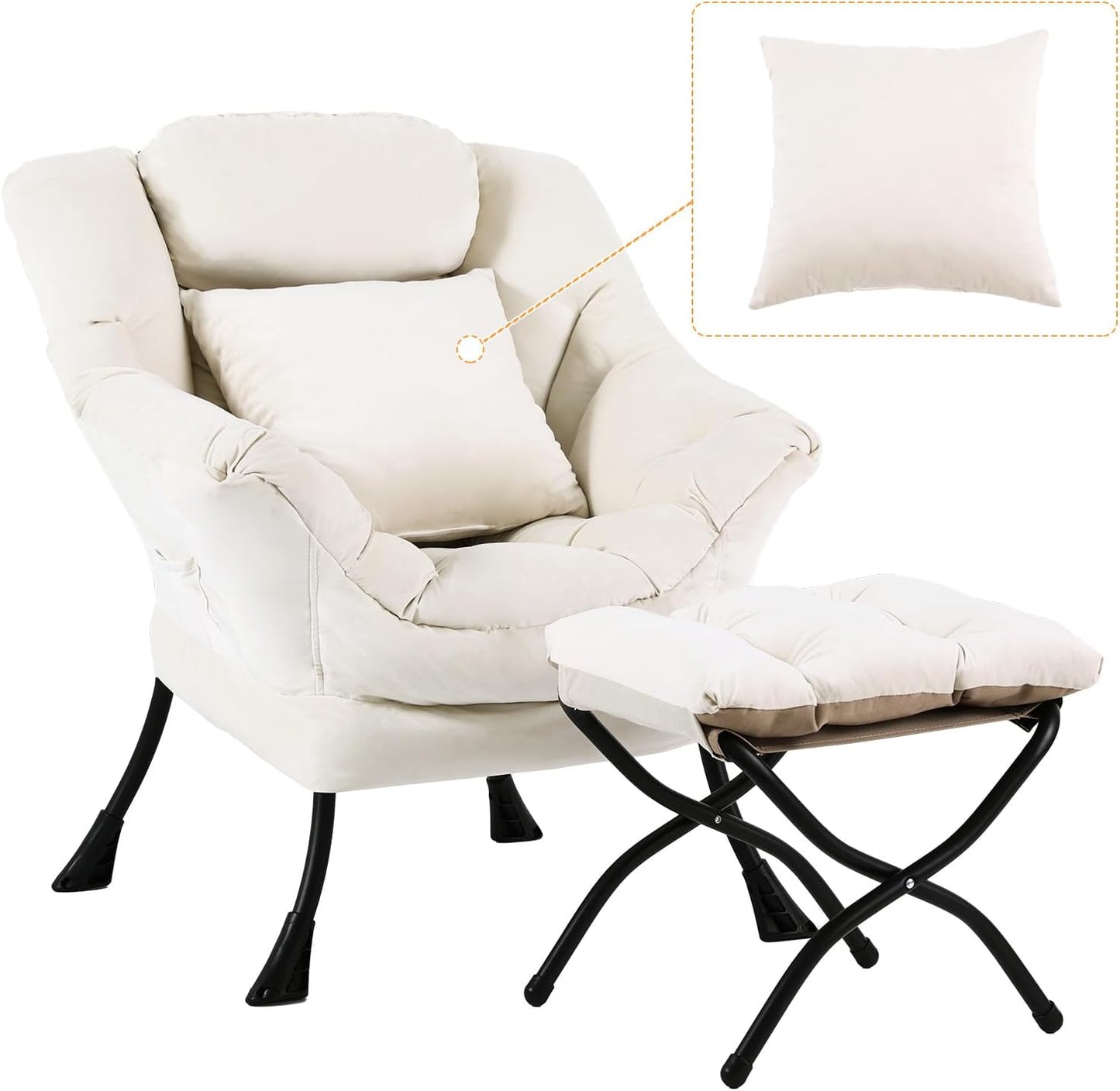 Lazy Chair with Ottoman, Comfy Reading Lounge Chair with Footstool & Throw Pillow Modern with Armrests & Side Pocket for Living Room, Bedroom, Dorm Room, Velvet Beige
