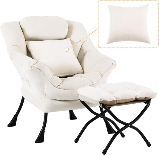 Lazy Chair with Ottoman, Comfy Reading Lounge Chair with Footstool & Throw Pillow Modern with Armrests & Side Pocket for Living Room, Bedroom, Dorm Room, Velvet Beige