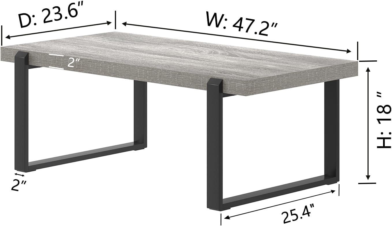 FOLUBAN Modern Coffee Table, Rustic Wood and Metal Center Table, Rectangle Cocktail Tea Table for Living Room, Light Grey, 47 Inch