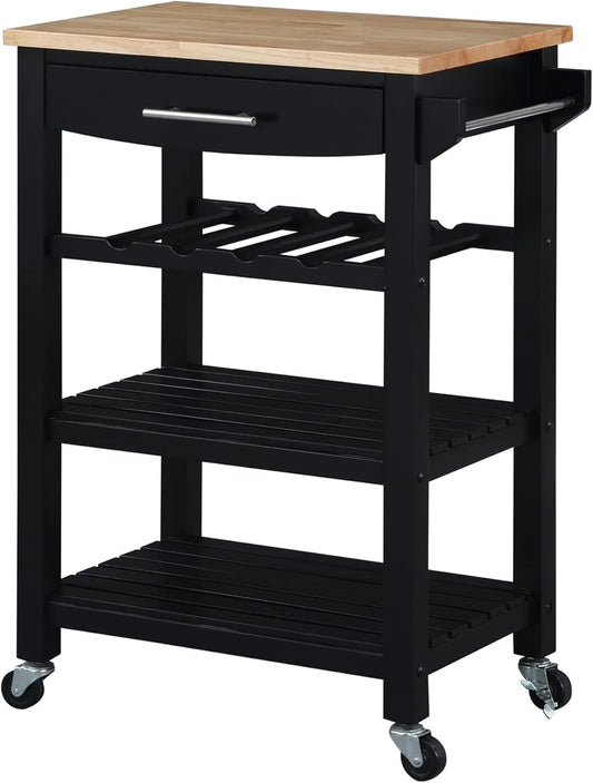 Convenience Concepts Ellaine 4 Tier Kitchen Cart with Drawer and Wine Rack, 24.75", Black/Butcher Block