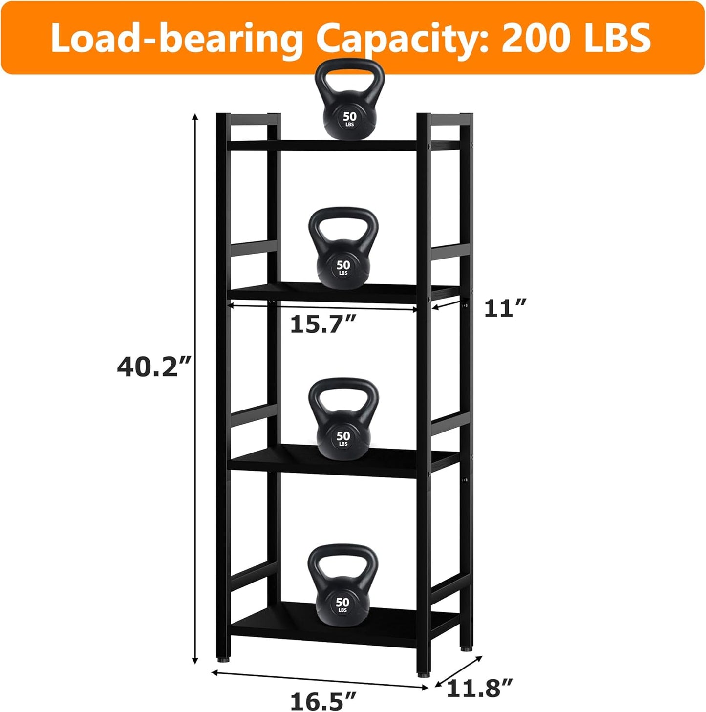 Book Shelf, 4 Tier Bookcase with Steel Frame, Stable Bookshelf Narrow Book Shelves Storage Organizer for Book CD Movie, Open Book Shelves for Living Room, Home Office, Study, Black