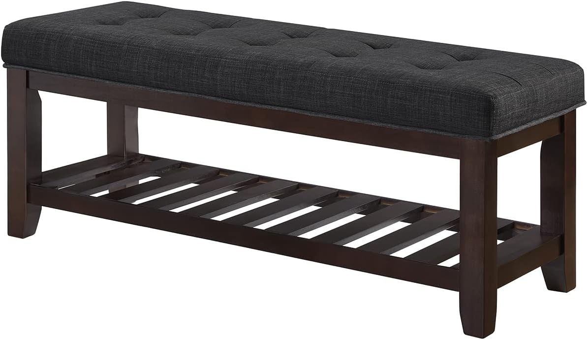 24KF Large Rectangular Upholstered Tufted Linen Ottoman Bench, Padded Bench with Solid Wood Shelf-Dark Gray