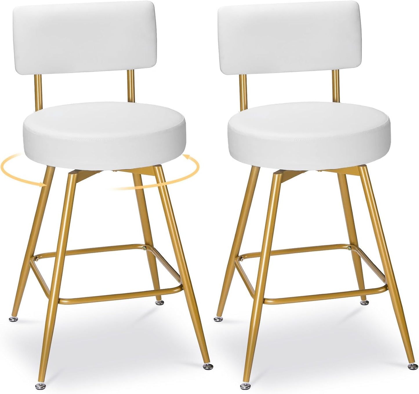 Gold White Bar Stools Set of 2, Modern Counter Height Bar Stools, 25" Upholstered Swivel Round Barstools with Back Bar Chair Island Stool for Kitchen Counter, White Gold