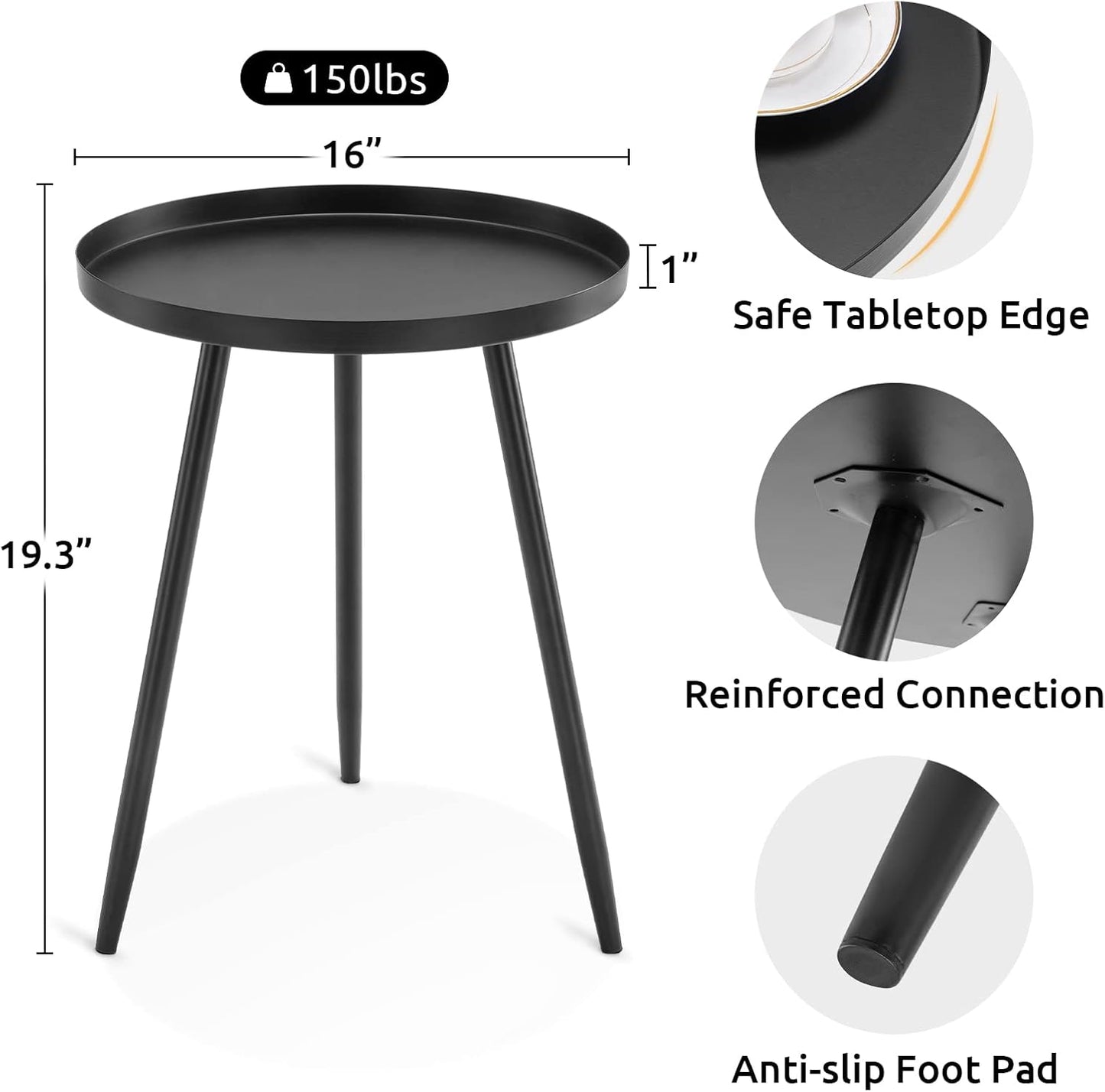 Apicizon 16" Round Side Table, Black End Table for Living Room, Bedside, Mid Century Modern Coffee Table or Circle Accent Table for Small Spaces, Metal Nightstand (Black)