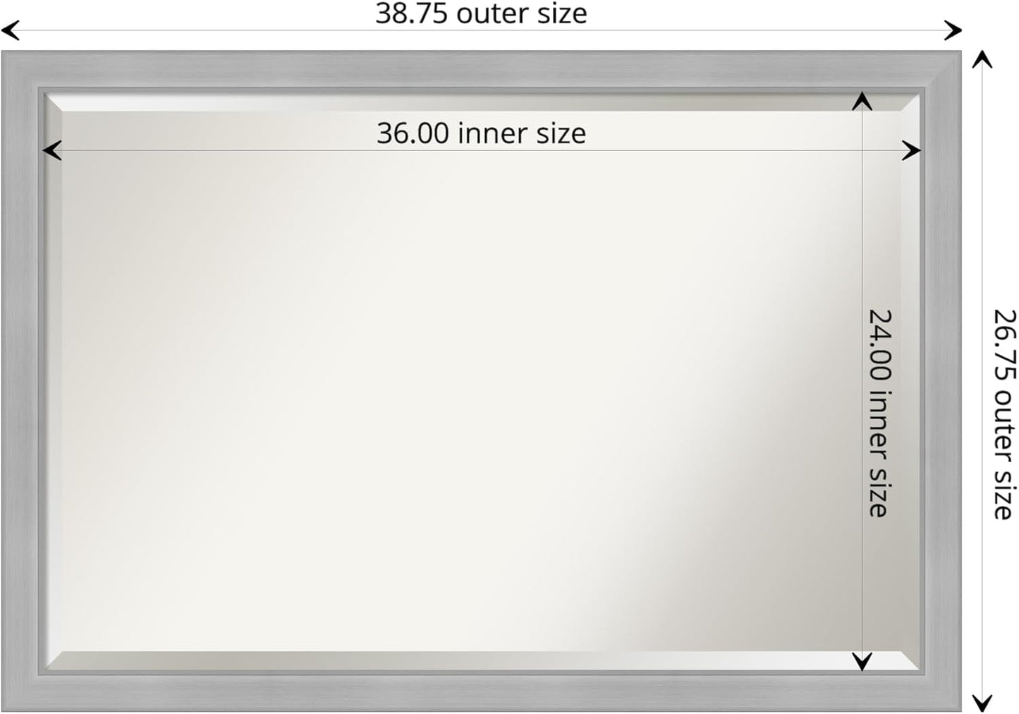 Amanti Art Silver Bathroom Mirror for Over Sink, 27x39 Vista Brushed Nickel Narrow Rectangle Vanity Mirror, Large Casual Frame, Hangs Horizonally and Vertically, Bathroom Wall Decor, Beveled Edge