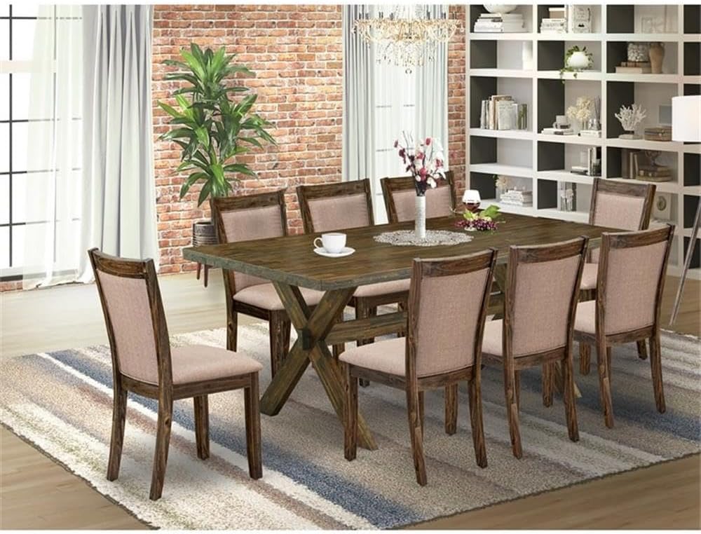 East West Furniture X777MZ716-9 9 Piece Dining Room Set Includes a Rectangle Dining Table with X-Legs and 8 Dark Khaki Linen Fabric Upholstered Chairs, 40x72 Inch, Multi-Color