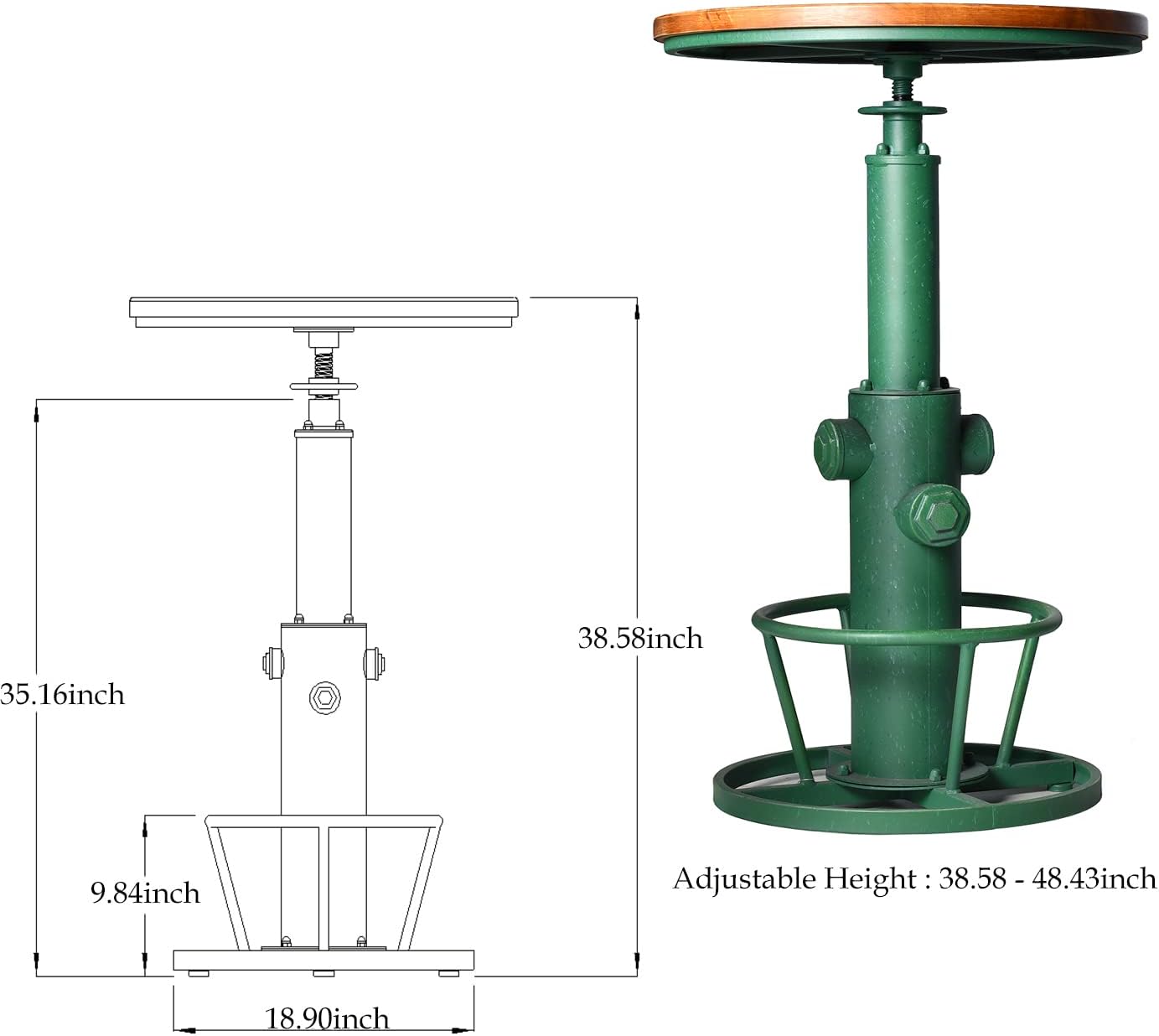 Topower Industrial Bar Table 38.58-48.43" Adjustable Pub Table Kitchen Dining Coffee Bistro Table Antique Green
