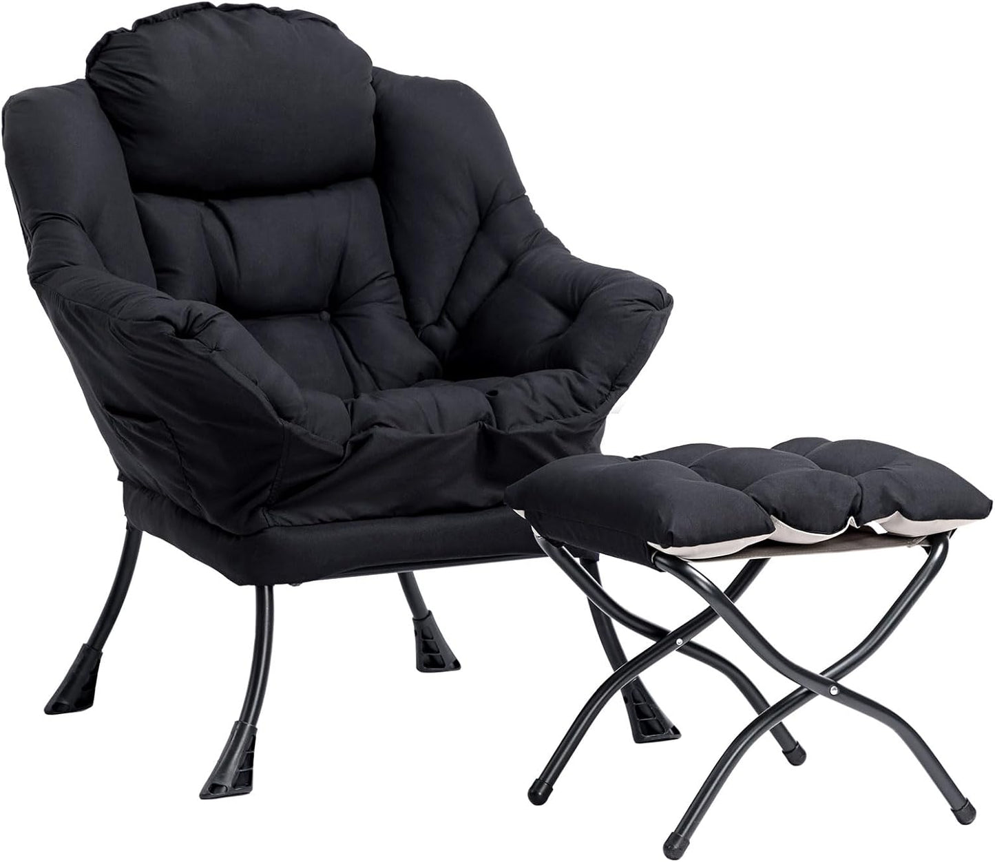 HollyHOME Fabric Lazy Chair with Foldable Ottoman, Accent Comfy Lounge Arm Chair and Folding Footrest Stool Set, Leisure Sofa Reading Chair and Footstool for Living Room, Bedroom, Dorm, Matte Black