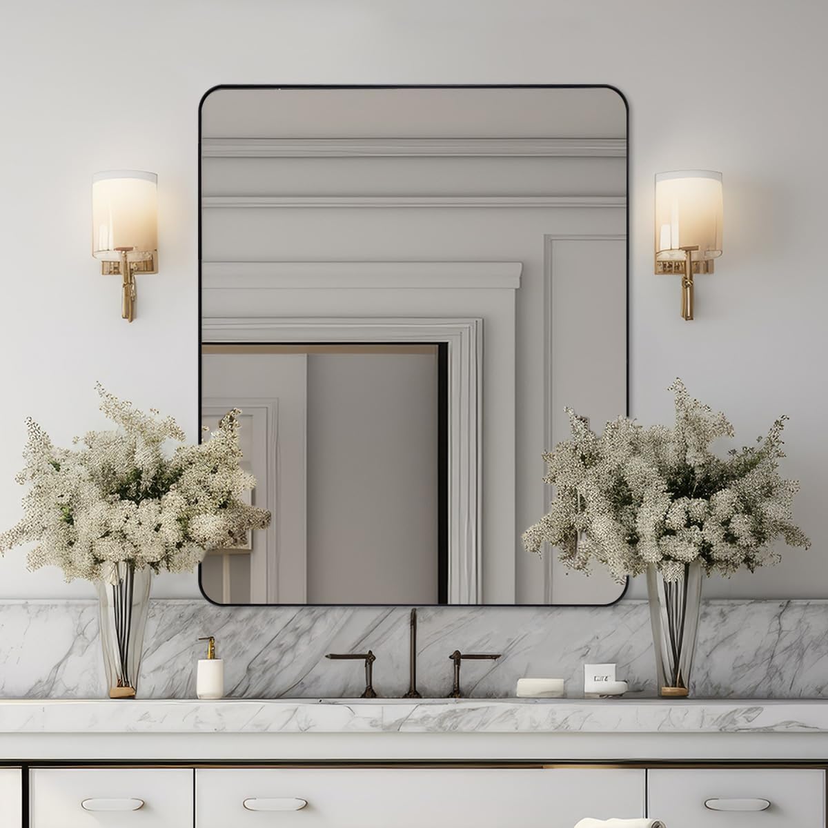 Black Mirrors for Bathroom, 30"x36" Rounded Corner Rectangle Mirror, Modern Metal Frame Bathroom Vanity Mirror for Home Decor Living Room Entryway (Horizontal/Vertical)