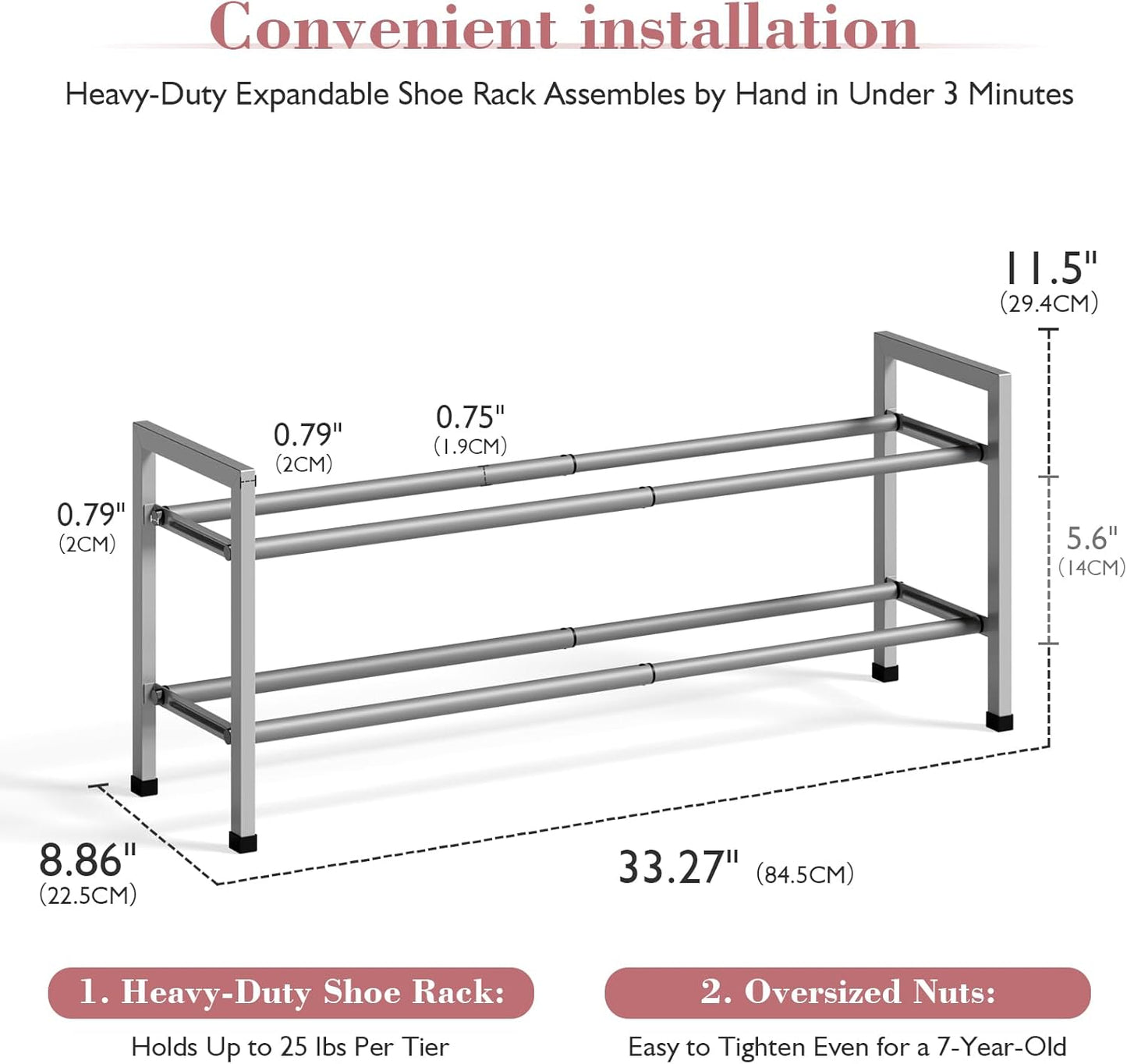 Bumusty 2 Tier Expandable Shoe Rack for Closet, 18“-33” Adjustable Shoe Rack for Small Space, Small Shoe Organizer for Front Door, Sturdy Metal, Light Grey