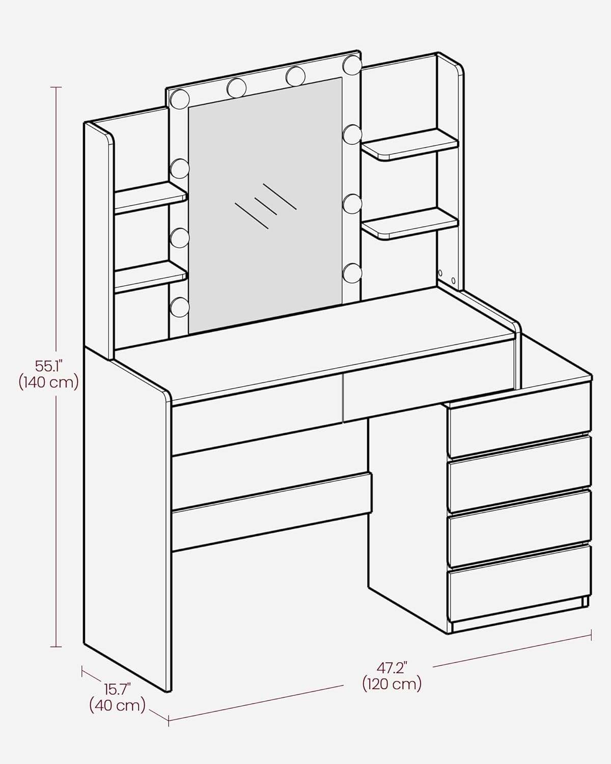 VASAGLE Vanity Desk with Mirror and LED Lights, Makeup Vanity with 6 Drawers, Vanity Table with 4 Open Shelves, 10 Dimmable LED Lights, for Bedroom, Dressing Room, Modern, Ebony Black URDT122B01