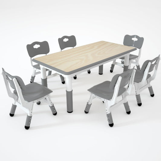 Kids Table and 6 Chairs Set，Height Adjustable Children Table & Chair，Toddlers Study Multi-Activity Table with 47.2"x23.6" Wipe-Clean Desktop，for Classrooms, Homes & Daycares