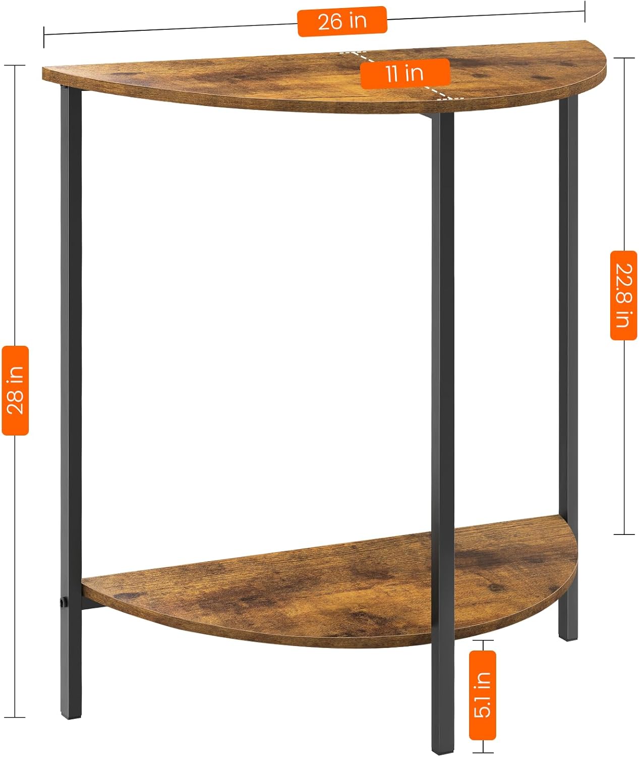 Homode Half Moon Table, Small Entryway Table, Half Round Entry Table, Narrow Half Circle Console Tables for Small Spaces, Hallway, Wood Front Entrance Tables, Rustic Brown and Black