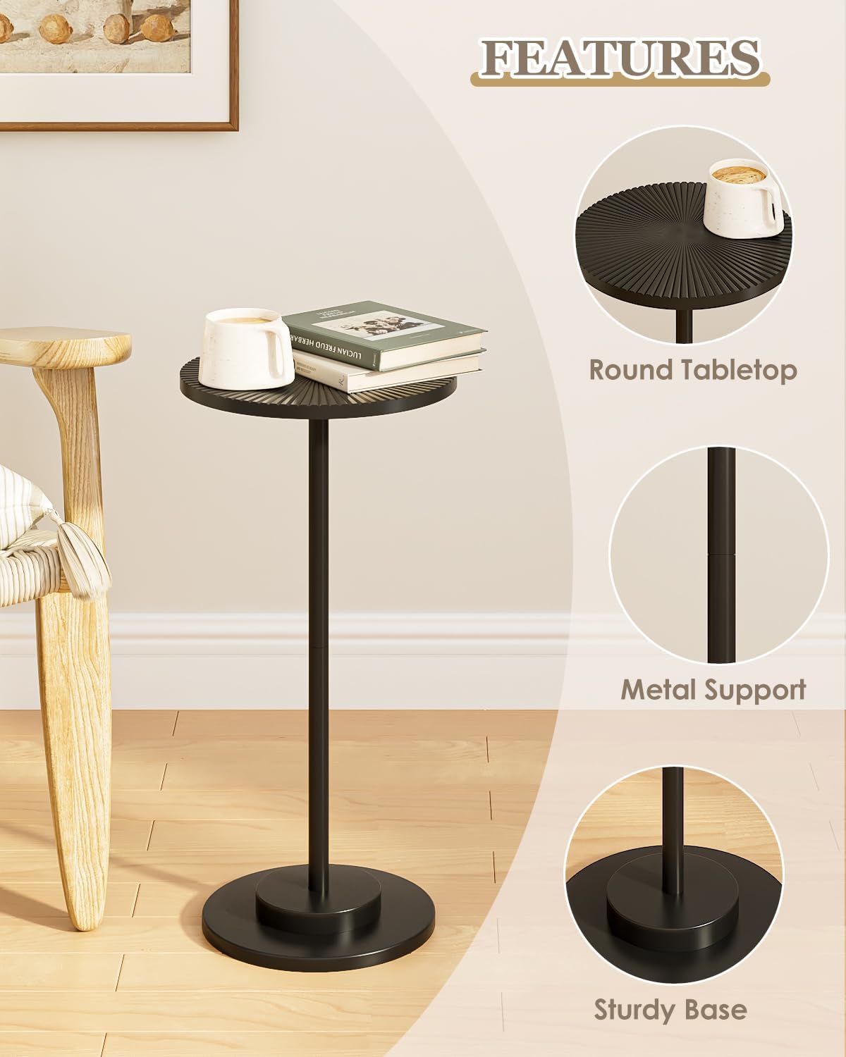 Round Side Table, Small Drink Table for Small Spaces, Modern Accent End Table Coffee Table with Metal Leg for Living Room, Bedroom, Corners, and Office (Black)