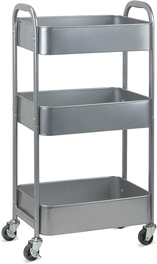 MAX Houser 3-Tier Rolling Utility Cart with Caster Wheels,Easy Assembly, for Kitchen, Bathroom (Silvery-Grey)
