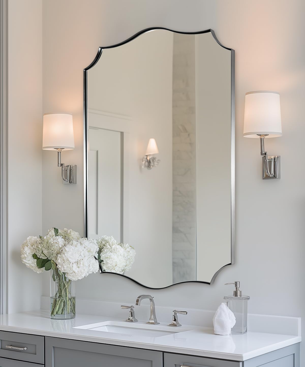 ANDY STAR Brushed Nickel Bathroom Mirror, 28x36 Inch Asymmetrical Wall Mirror, Modern Rectangle Mirror with Unique Wavy Design Ideal for Home Decor, Premium Stainless Steel Metal