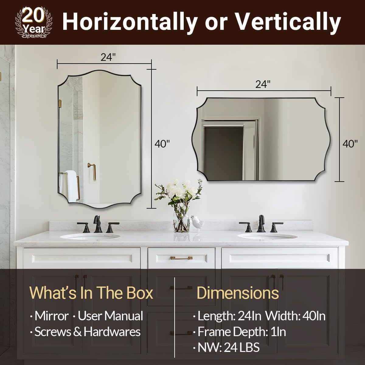 ANDY STAR Rectangle Mirror 24x40 Inch, Matte Black Scalloped Bathroom Mirror, Unique Rectangle Mirror for Bathroom, Powder Room, Entryway (Vertical or Horizontal)