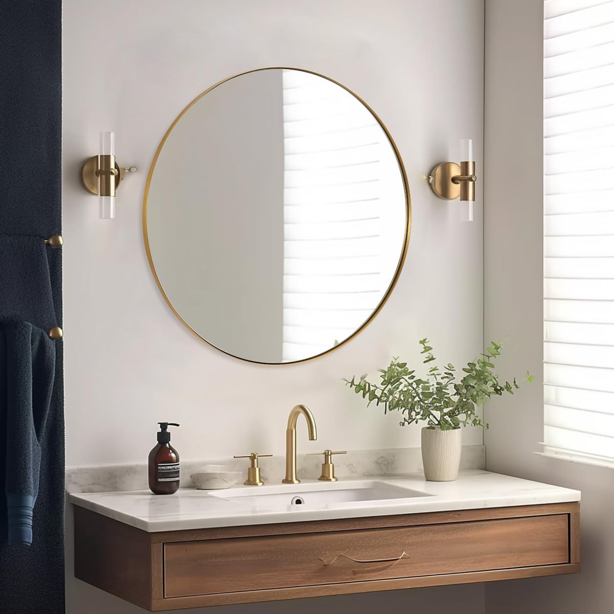 ANDY STAR Gold Round Mirror, 36’’ Brushed Gold Circle Bathroom Mirrors in Stainless Steel Metal Frame 1" Deep Set Design