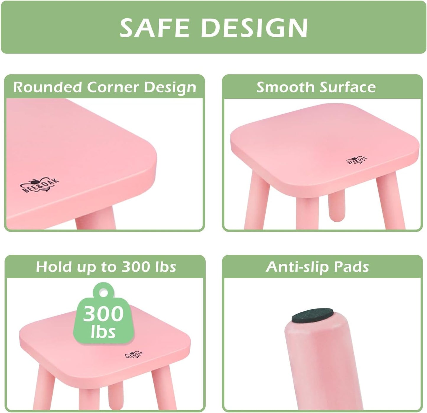 BEE&OAK Wooden Step Stools for Adults, Solid Rubber Wood Non-Slip Step Foot Stool, Heavy Duty 300 lbs One Step Stool for Bedroom, Bathroom, Kitchen (Pink, 9.25" (D) x 9.25"(W) x 8.86"(H))