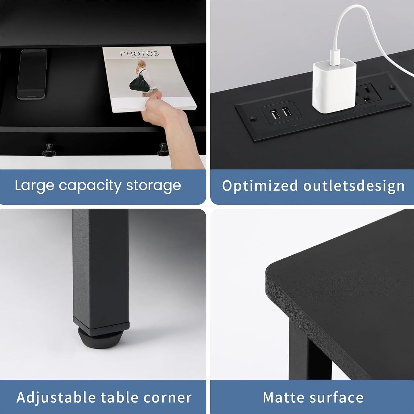 3 Wooden Drawers Night Stand, 27 Inch Wide Nightstand with Charging Station and Adjustable Drawers, Bedside Table for Living Room/Bedroom/Office, Black.