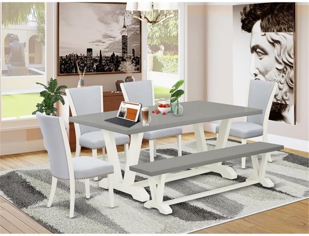 East West Furniture V097VE005-6 6 Piece Kitchen Table Set Contains a Rectangle Dining Table with V-Legs and 4 Grey Linen Fabric Upholstered Chairs with a Bench, 40x72 Inch, Multi-Color