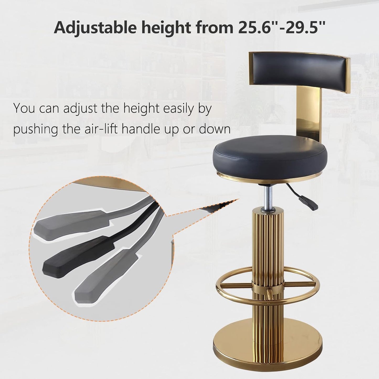 FUNROLUX Swivel Bar Stools with Backrest, Modern Adjustable Height Counter Stool with Metal Legs and Comfortable Cushion, Black and Gold Bar Chair for Kitchen Island Counter (Black)