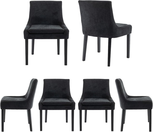 COLAMY Modern Dining Chairs Set of 6, Upholstered Corduroy Accent Side Leisure Chairs with Mid Back and Wood Legs for Living Room/Dining Room-Black